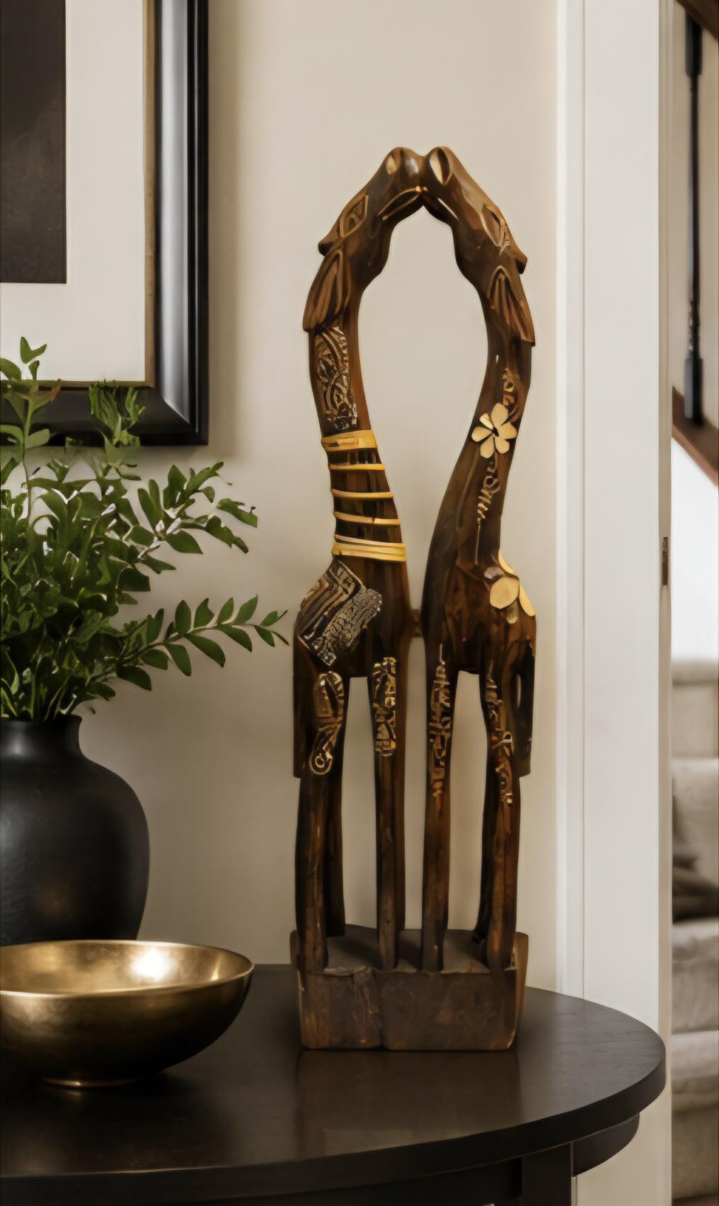 Hand-Carved Intertwined Giraffe Sculpture – African Wood Art Décor, 28 Inch Tall Statement Piece