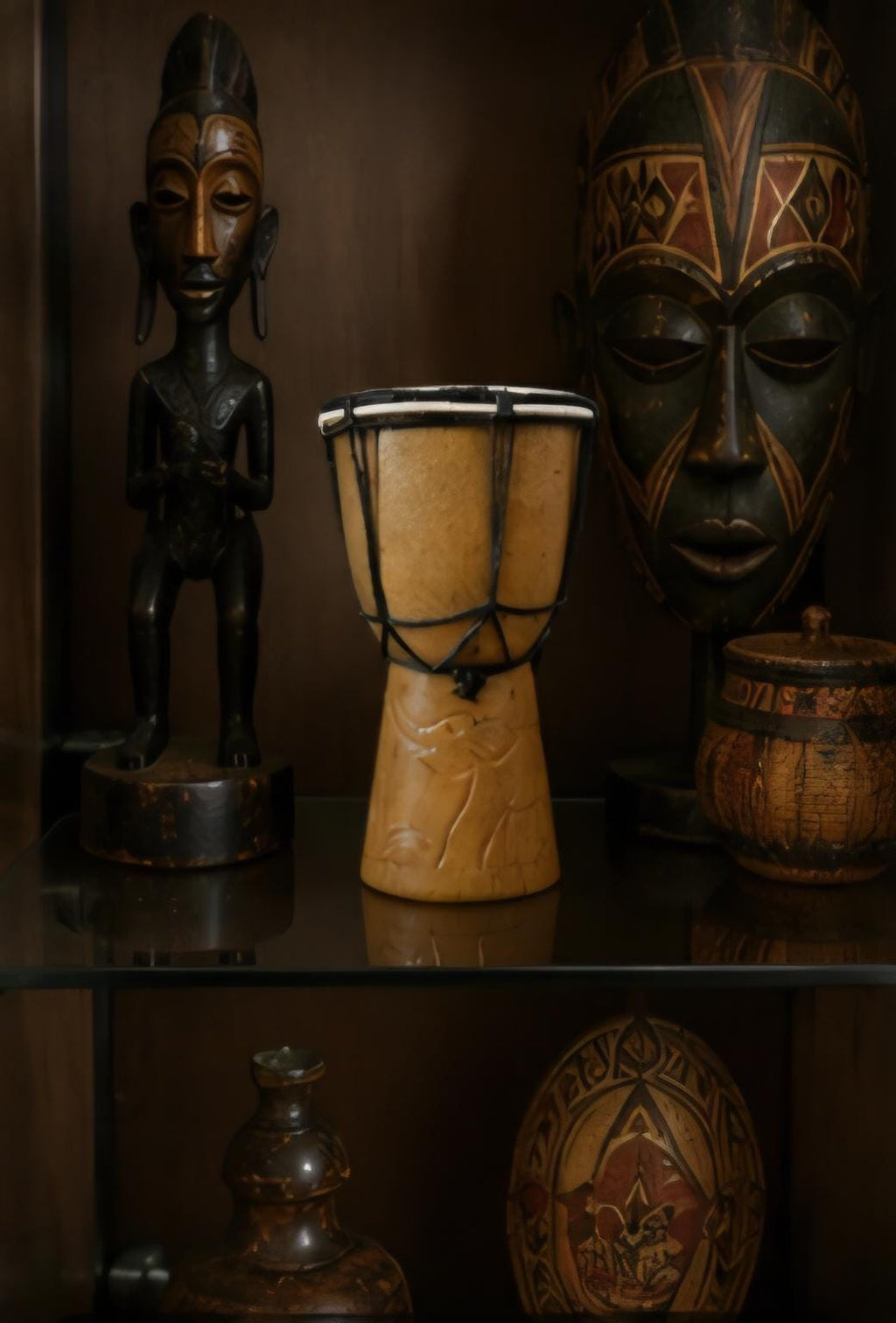Hand-Carved African Wooden Djembe Drum – Mini Cultural Decor Shelf Accent