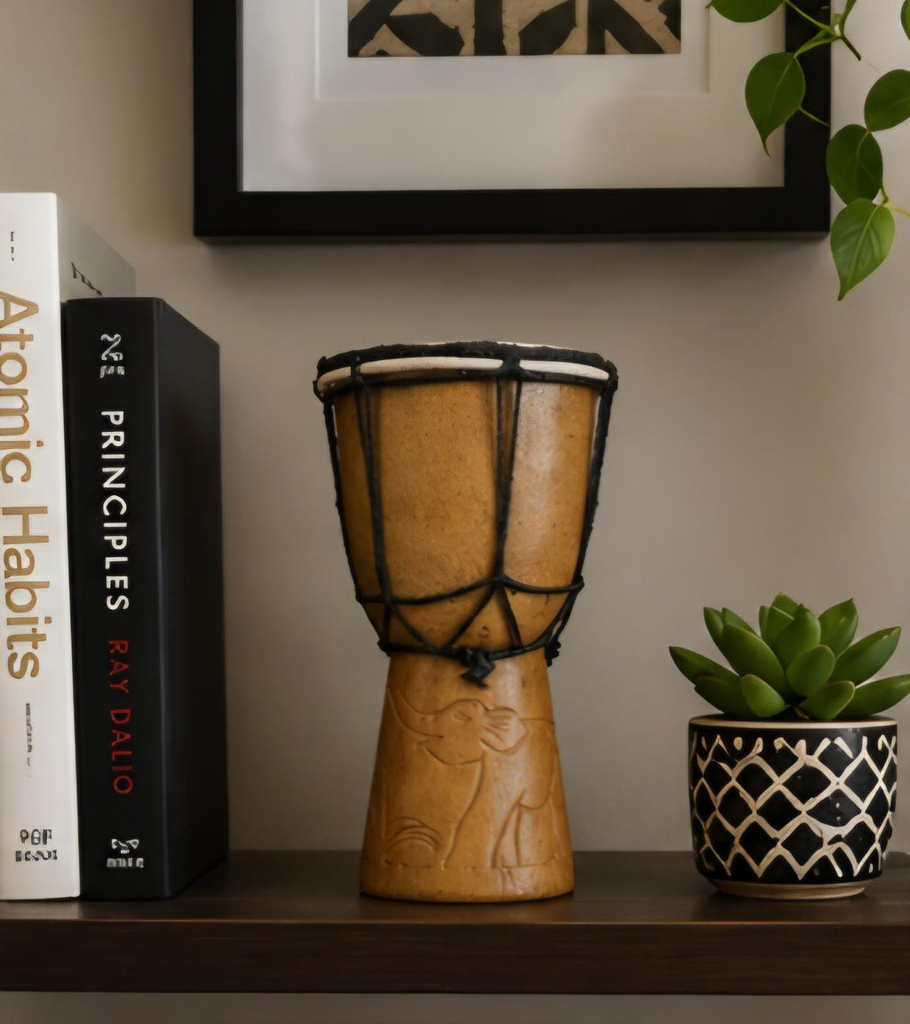 Hand-Carved African Wooden Djembe Drum – Mini Cultural Decor Shelf Accent