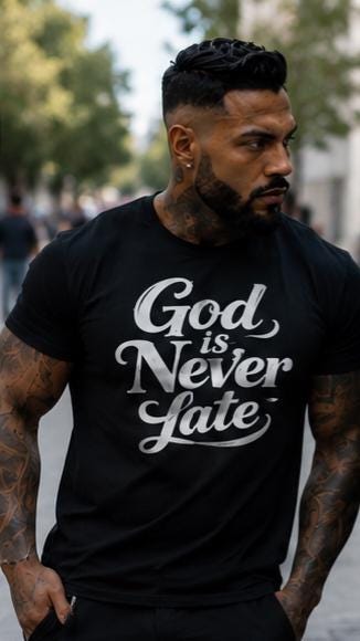 God Is Never Late Christian T-Shirt: Faith Based Inspirational Apparel