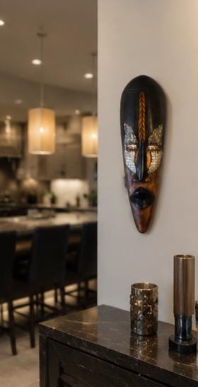 Hand Carved African Mask: 19 Inch Solid Wood Tribal Wall Decor with Metal Accents