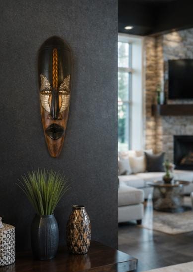 Hand Carved African Mask: 19 Inch Solid Wood Tribal Wall Decor with Metal Accents