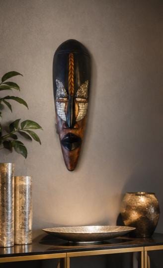 Hand Carved African Mask: 19 Inch Solid Wood Tribal Wall Decor with Metal Accents