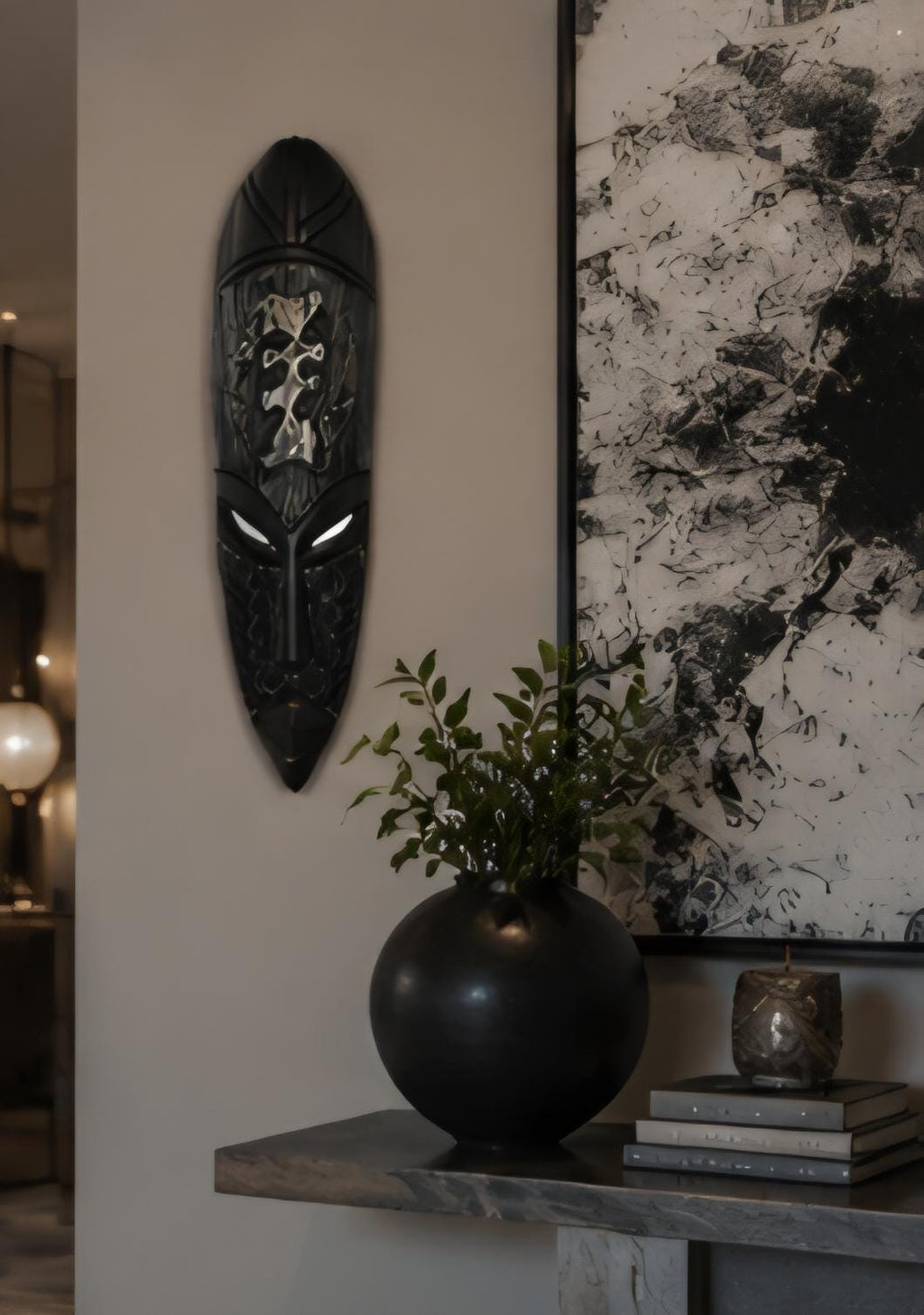 Hand Carved African Tribal Mask: 19 Inch Black Wood Wall Art, Ethnic Home Decor