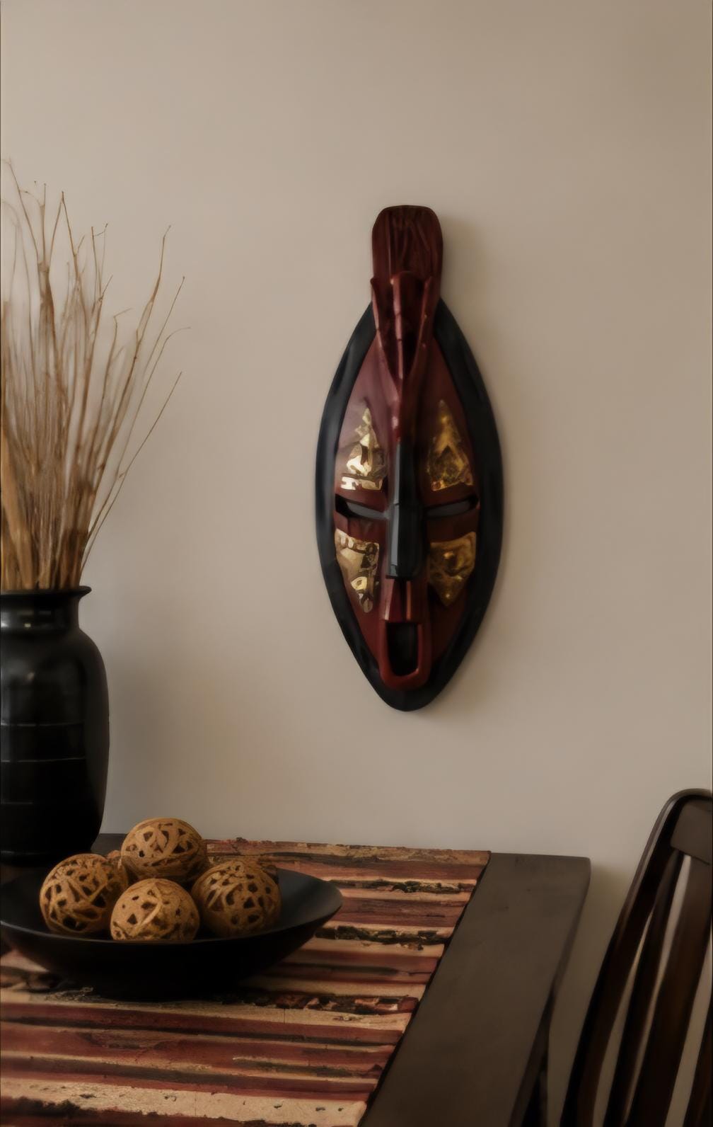 Hand Carved African Wooden Mask, Tribal Wall Decor, Boho Rustic Accent (17 x 5)