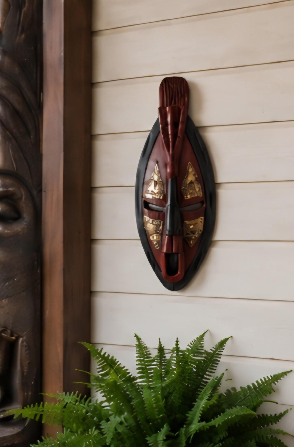 Hand Carved African Wooden Mask, Tribal Wall Decor, Boho Rustic Accent (17 x 5)