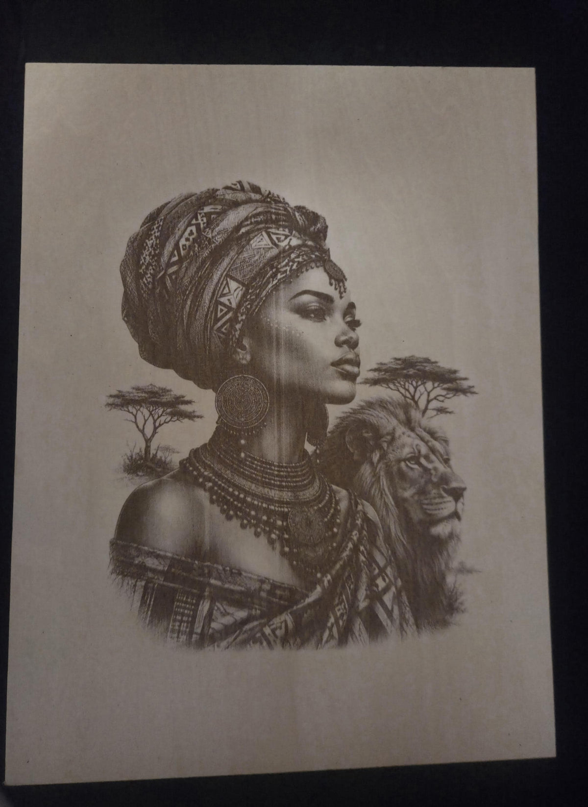 African Queen Wood Wall Art 16x12 Laser Engraved Panel African Lion Wall Decor Handmade Wood Artwork African Heritage Gift