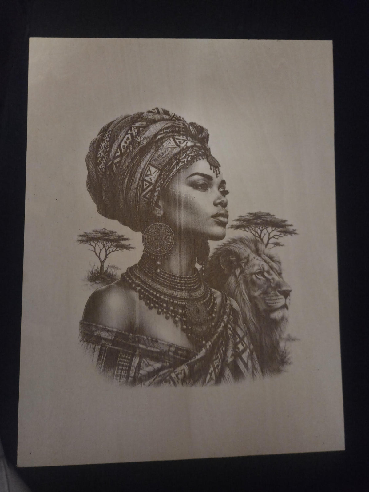 African Queen Wood Wall Art 16x12 Laser Engraved Panel African Lion Wall Decor Handmade Wood Artwork African Heritage Gift