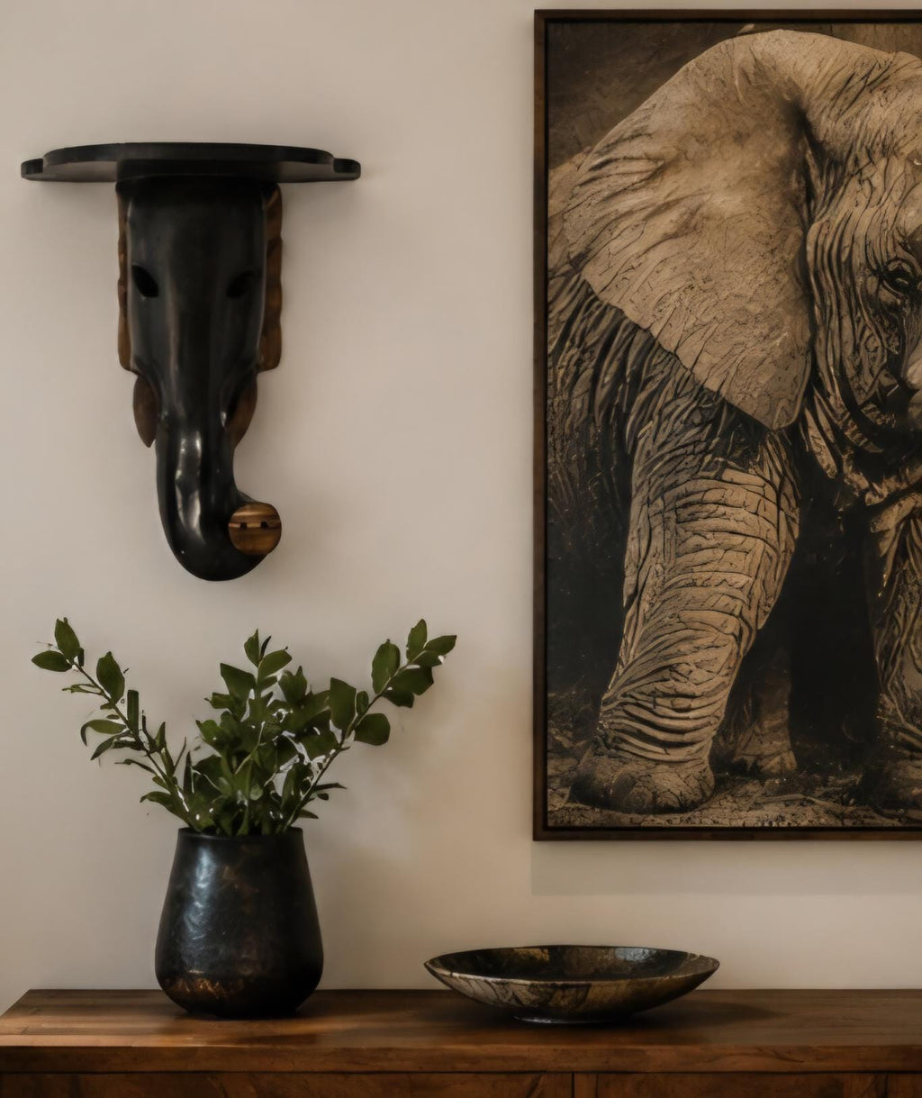 Hand Carved African Elephant Wall Shelf Solid Wood African Wall Art Rustic Safari Decor Luxury Home Accent