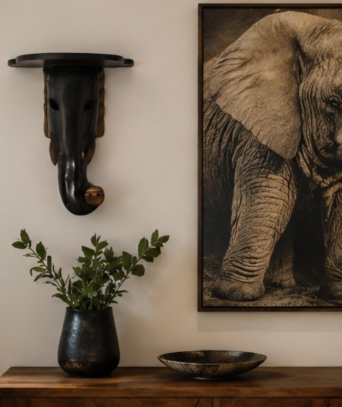 Hand Carved African Elephant Wall Shelf Solid Wood African Wall Art Rustic Safari Decor Luxury Home Accent