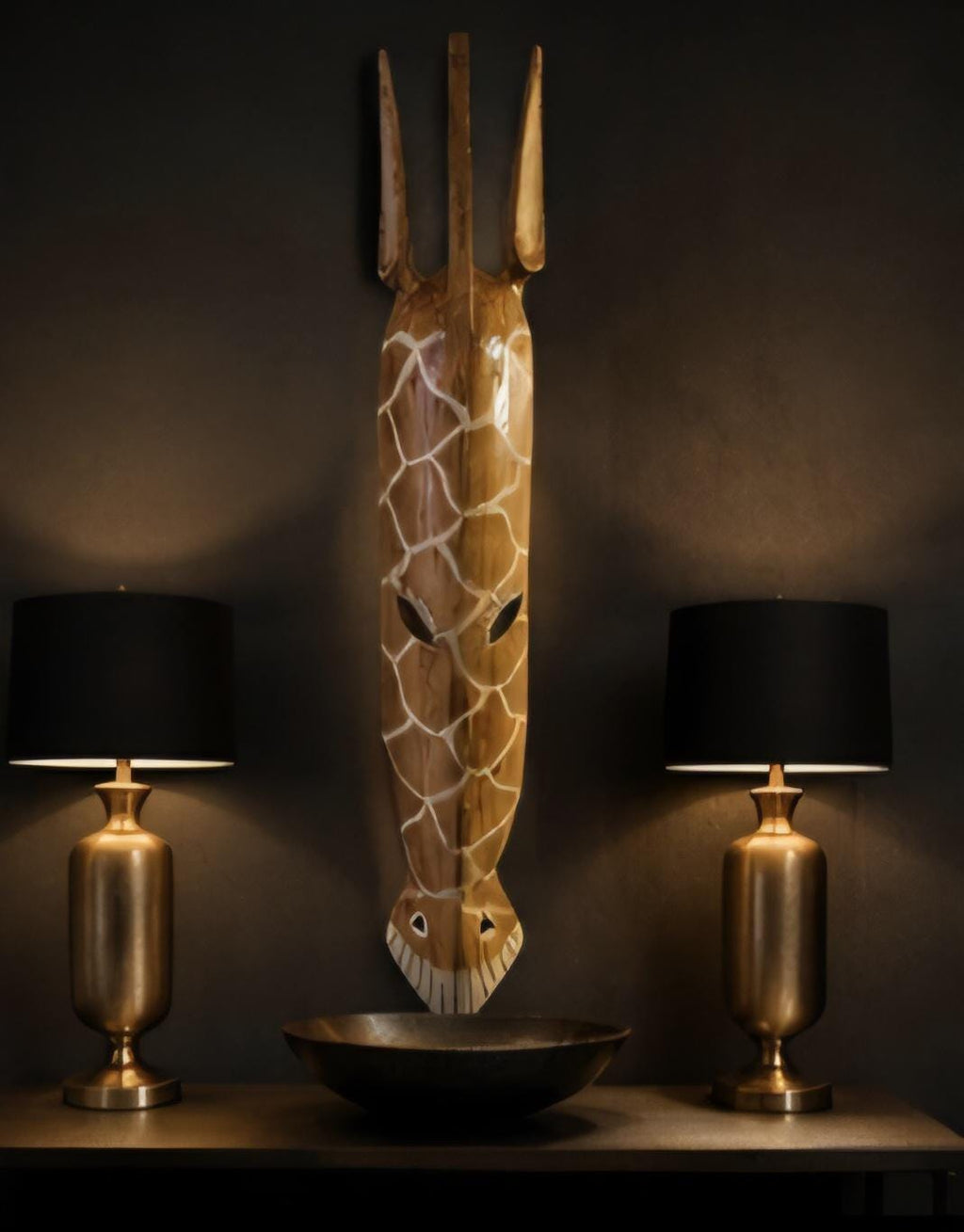 Hand Carved African Giraffe Mask Solid Wood Wall Art 39 Inch Tall African Tribal Decor Safari Home Accent Afrocentric Wall Hanging
