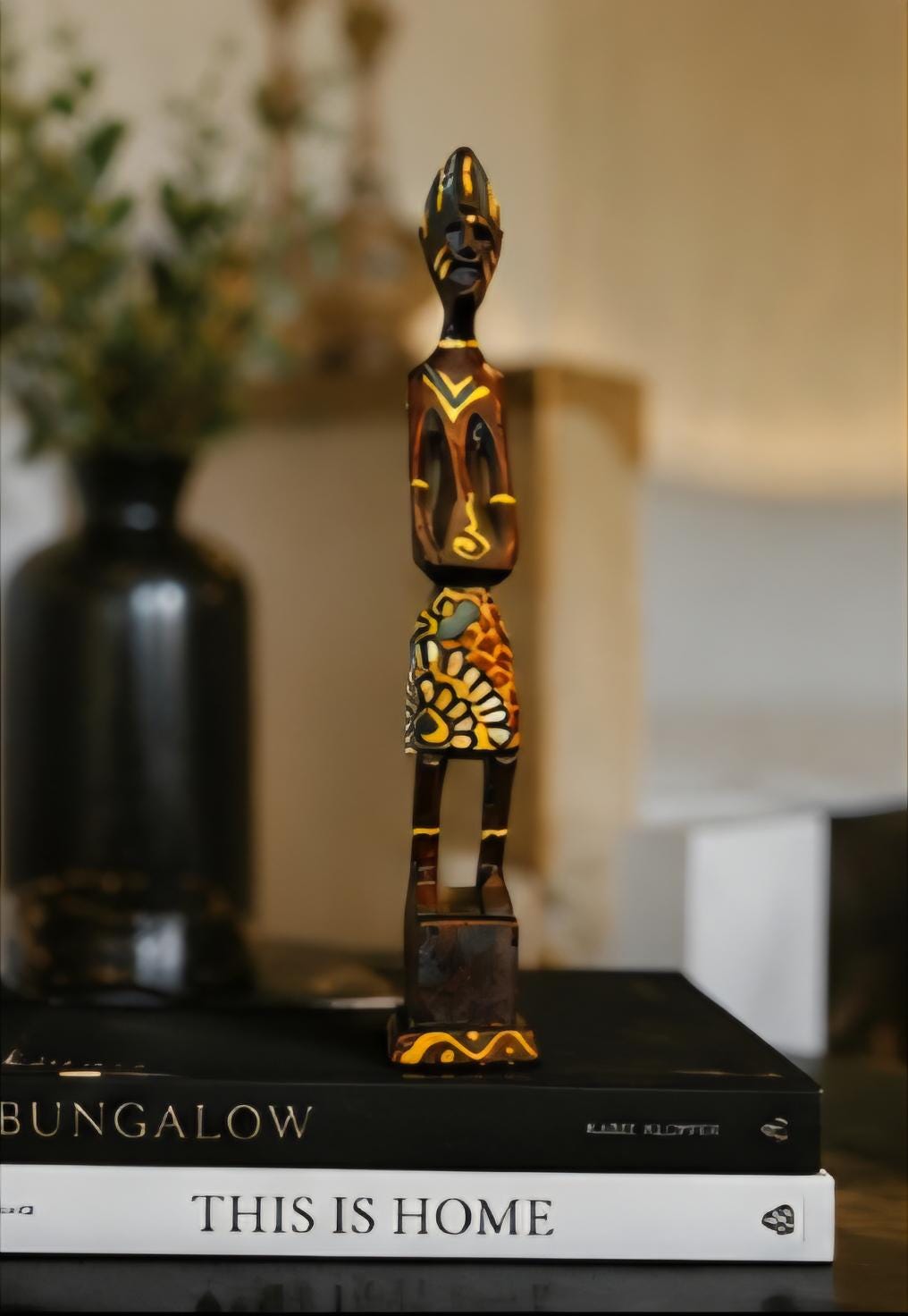 Hand Carved African Wood Figure: 10 Inch Tribal Sculpture, Hand Painted Boho Accent