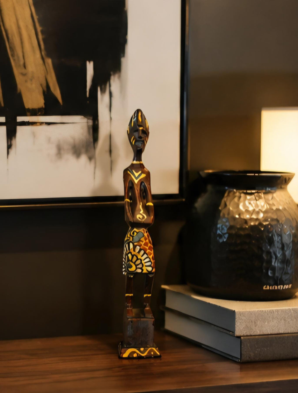 Hand Carved African Wood Figure: 10 Inch Tribal Sculpture, Hand Painted Boho Accent