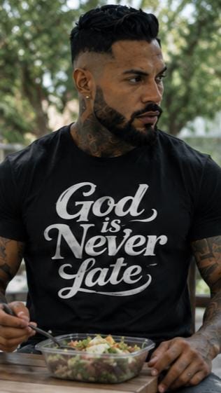 God Is Never Late Christian T-Shirt: Faith Based Inspirational Apparel