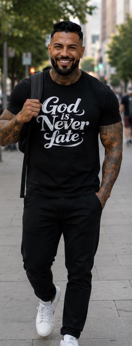 God Is Never Late Christian T-Shirt: Faith Based Inspirational Apparel
