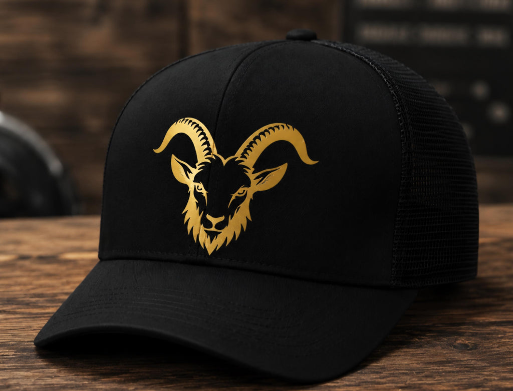 GOAT Shirt and Trucker Hat Set: Gold Graphic Black Streetwear Outfit
