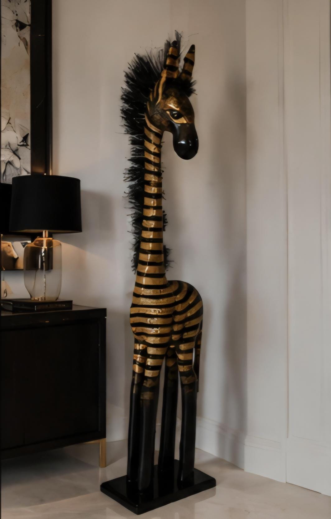 Hand Carved Wooden Giraffe Sculpture: 41 Inch African Safari Decor, Artisan Statue