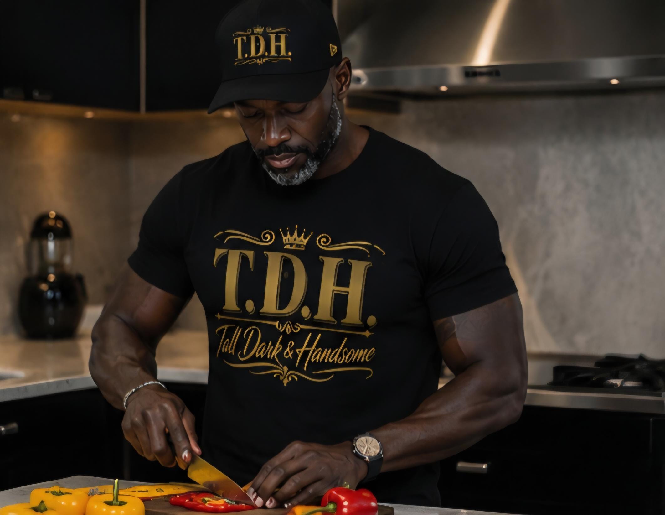 T.D.H. Tall Dark Handsome Black Shirt and Gold Cap Set