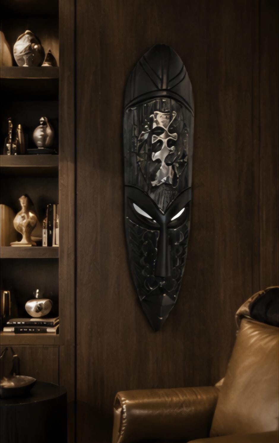 Hand Carved African Tribal Mask: 19 Inch Black Wood Wall Art, Ethnic Home Decor